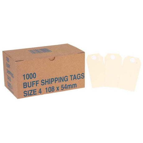 Box of 1000 durable manila tags (108x54mm) with reinforced holes, ideal for labeling packages and organizing items.