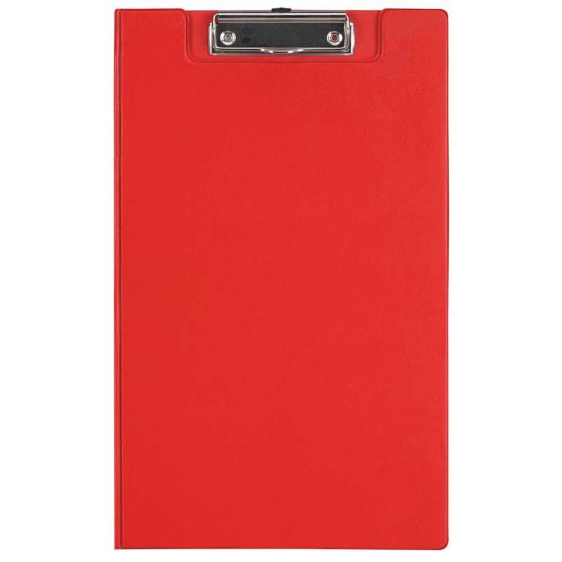 Red foolscap clipboard with front flap, interior pocket, and pen holder; durable PVC and wall-mountable for organization.