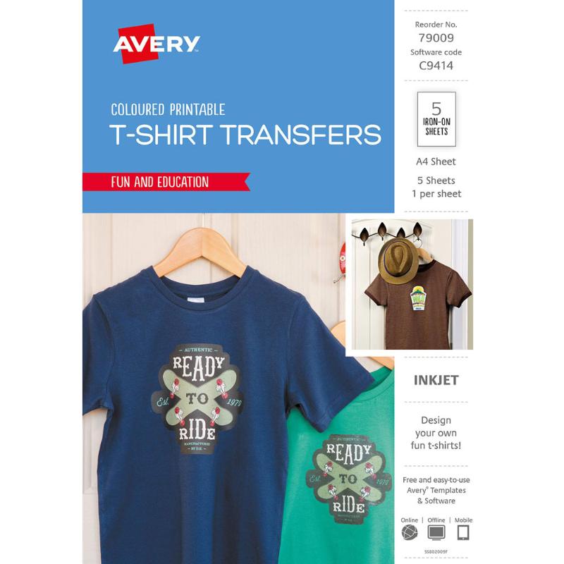 Avery T-shirt Transfer C9414 for dark fabrics, 5 sheets for custom designs, ideal for vibrant colors on cotton apparel.