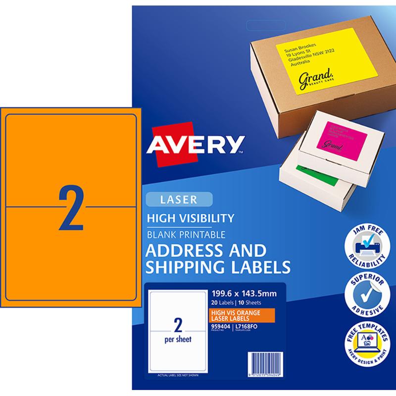 Avery Shipping Label L7168FO Fluoro Orange Laser 199.6x143.5mm 2 Up 10 Shts