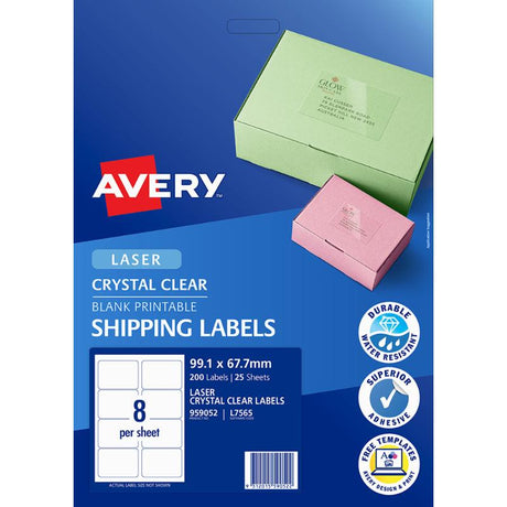 Clear Avery L7565-25 labels on 25 sheets, 99x67mm, ideal for professional-looking labeling on any surface.