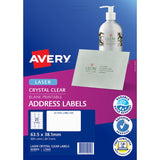 Clear Avery L7560-25 labels on sheets, ideal for enhancing envelopes and invitations with customizable designs.