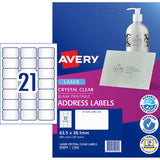 Clear Avery labels (63x38mm) on 25 sheets, 525 total; perfect for enhancing colored envelopes and professional presentations.