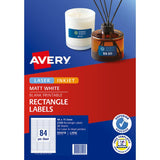 Avery L7656 Matt White labels, 46x11.1mm, 2100 total, ideal for versatile labeling on various surfaces with permanent adhesive.