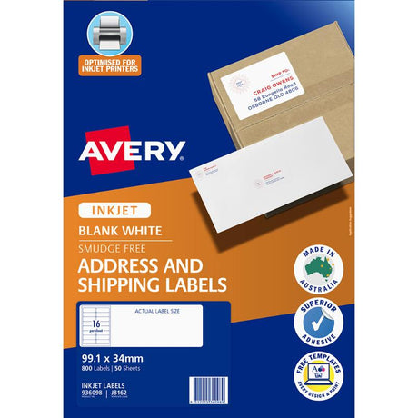 Avery J8162-50 inkjet labels, 800 total, 16 labels per sheet, 99x34mm, smudge-free with Quick Peel and Sure Feed technology.