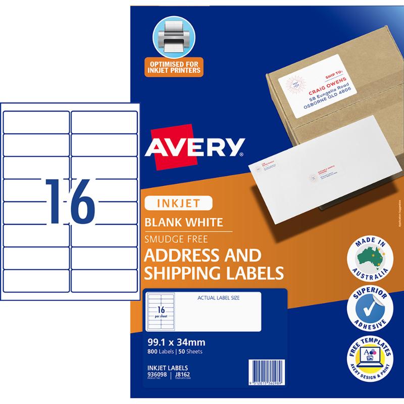 Avery Label J8162-50 Inkjet 16up 50 Sheets 99x34mm