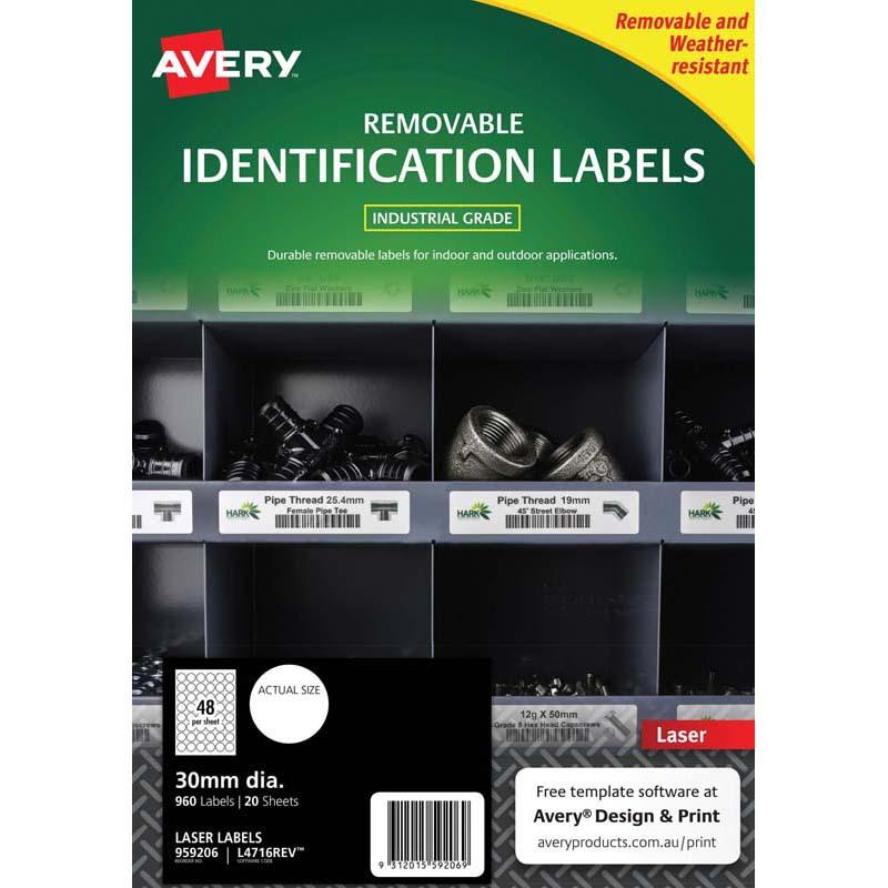 Avery Weather Resistant Removable Label L4716 Laser 30mm White 48up 20 Sheets