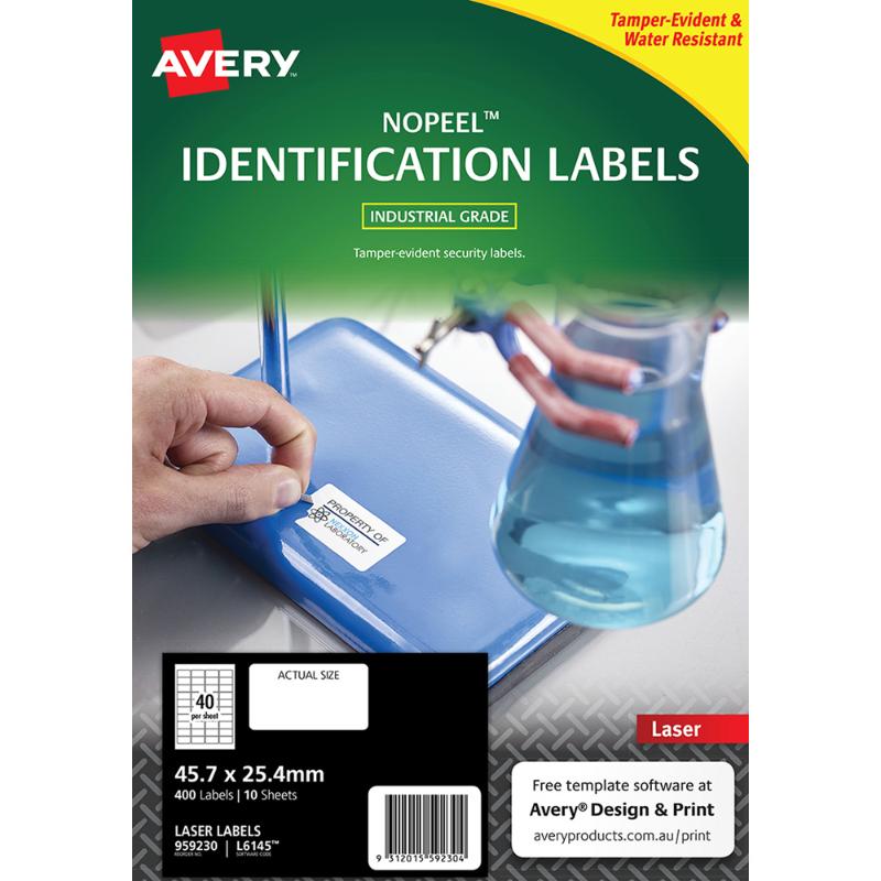 Avery No Peel Labels L6145 - white, 40-up, durable, tamper-evident, 45.7x25.4mm, compatible with laser printers.