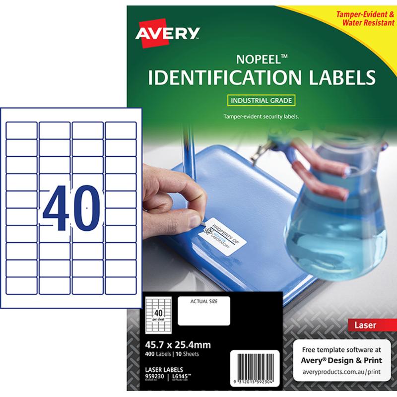 Avery No Peel Labels L6145, 400 white labels, tamper-evident, durable, ideal for organizing office equipment and more.