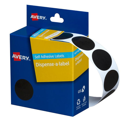 Black round labels in a convenient dispenser, 24mm size, 500 pack, perfect for organizing and identifying items.