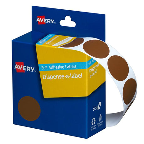 Brown round Avery label dispenser with 500 removable adhesive labels, 24mm, ideal for organizing and easy access.