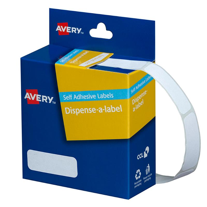 Avery Label Dispenser with 700 white 13x36mm labels in a convenient roll for easy organization and identification.