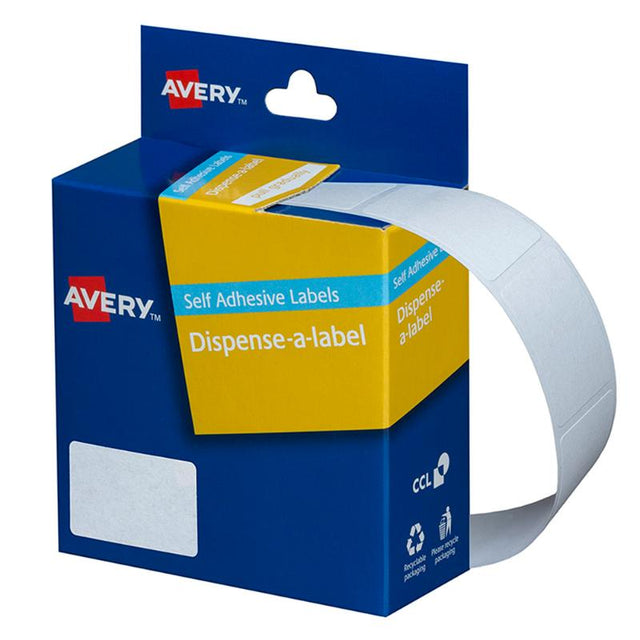 Avery Label Dispenser with 420 white 24x32mm labels, removable adhesive for easy repositioning, ideal for home and office use.