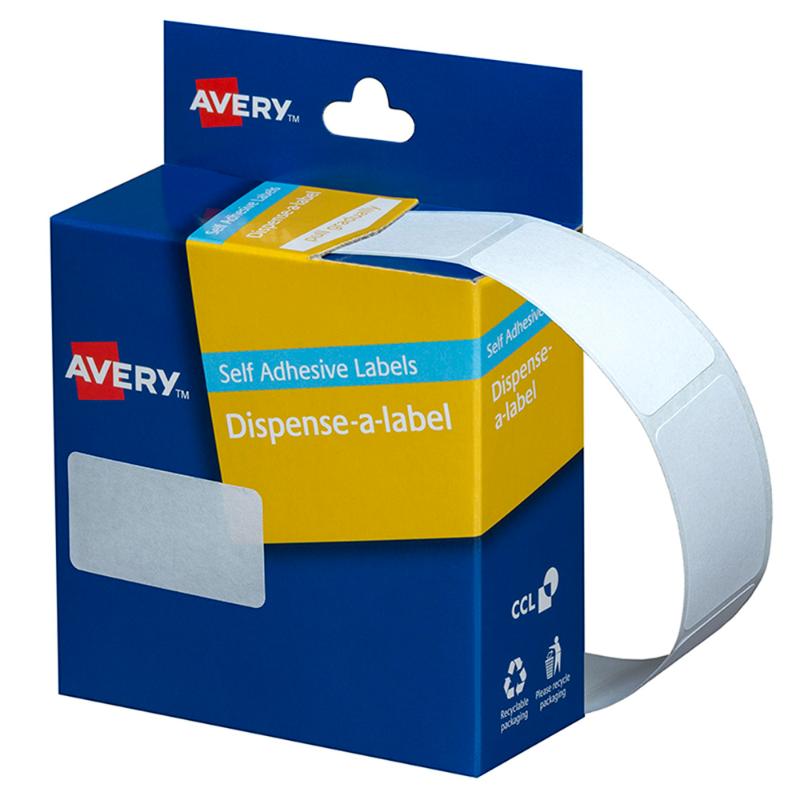 Avery Label Dispenser with 380 removable white labels, 24x38mm, ideal for organization and labeling tasks at home or office.