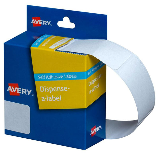 Avery Label Dispenser DMR2449W with 325 white labels, 24x49mm, featuring removable adhesive for easy repositioning.