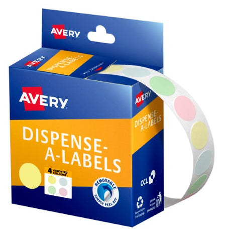 Avery pastel dispenser dot stickers, 14mm, 600-pack for labeling, color-coding, and crafting in versatile pastel colors.