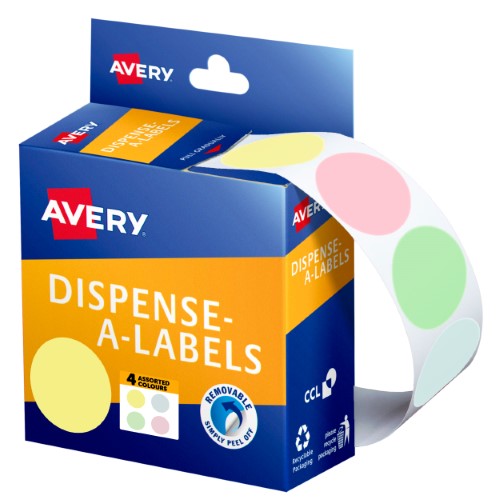 Assorted pastel dot stickers in dispenser pack, 24mm for identification and labeling in home, school, or office.