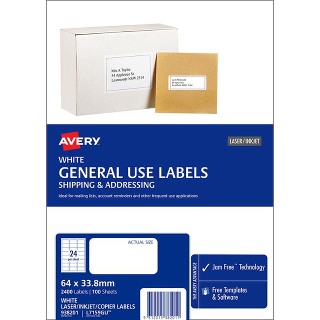 Avery L7159 white labels, 64x33.8mm, 2400 total, compatible with laser and inkjet printers, FSC certified, jam-free.