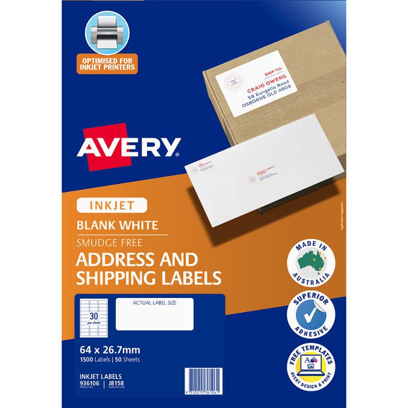 Avery J8158-50 inkjet labels, 30-up, 64x26.7mm, 1500 labels, quick peel, FSC-certified, for home and business use.