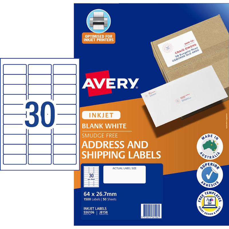 Avery J8158-50 inkjet labels, 64x26mm, 1500 labels, feature Sure Feed and Quick Peel technology for easy printing and use.