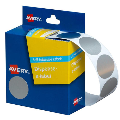 Avery DMC24SI silver round label dispenser with 250 premium 24mm adhesive labels, ideal for easy organization and crafting.