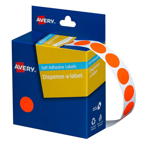 Avery DMC14FR Fluoro Round Labels in vibrant red, 14mm, 700 pack, perfect for easy organization and repositioning.