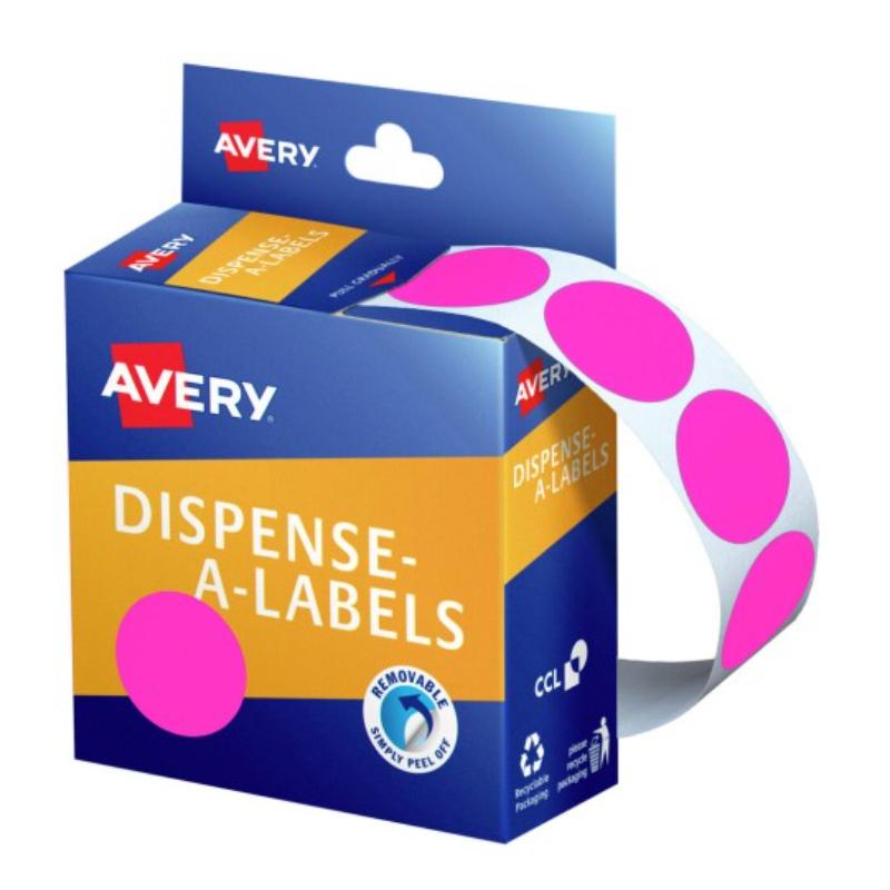 Vibrant pink round label dispenser containing 350 removable labels, perfect for organizing and crafting.