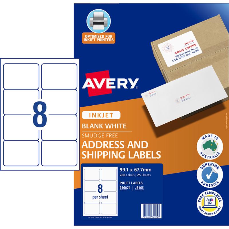 Avery Label J8165-25 Inkjet 8up 25 Sheets 99x67mm