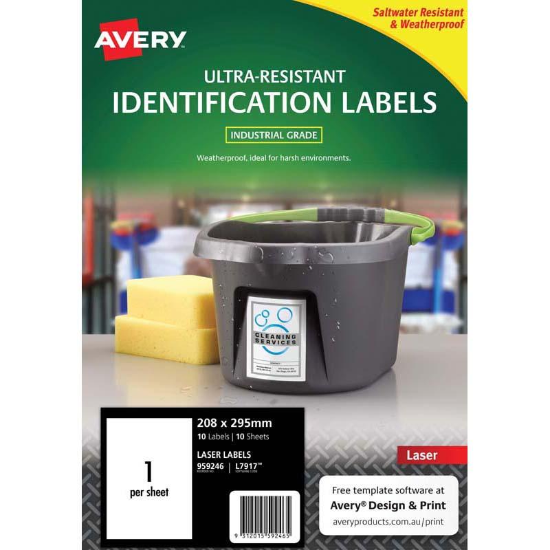 Avery Ultra Resistant ID Labels, waterproof and chemical-resistant, ideal for tough environments, 10 sheets of durable labeling solutions.