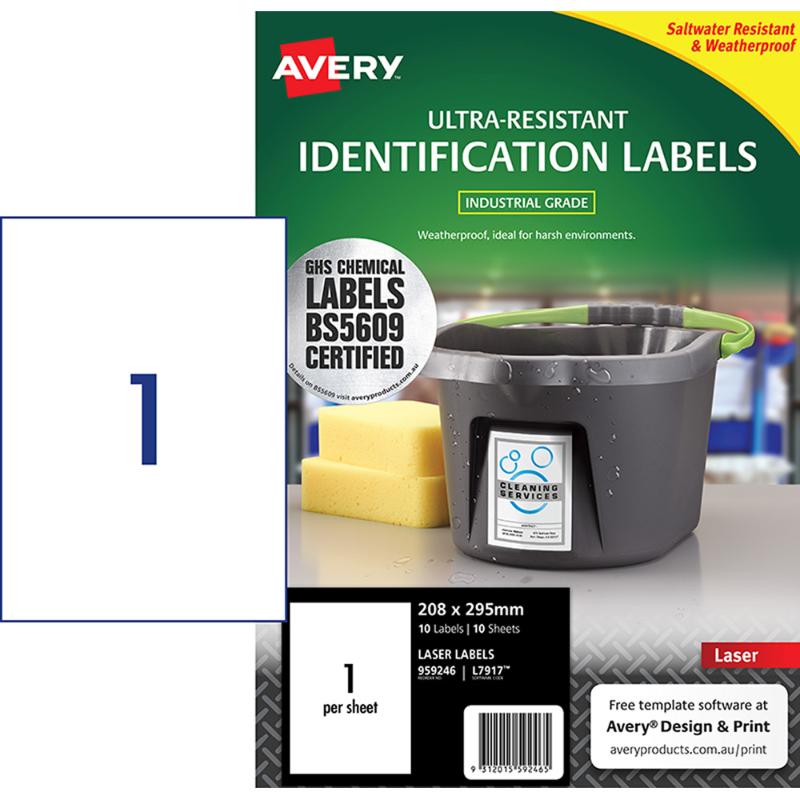 Avery Ultra Resistant ID Labels, 208x295mm, waterproof, chemical-resistant for outdoor and industrial use, 10 sheets.