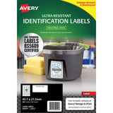 Avery Ultra Resistant ID Labels, 45.7x21.2mm, 480 labels for harsh environments, waterproof, chemical and UV resistant.