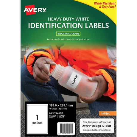 Avery Heavy Duty ID Label J4776, white, 199.6x289.1mm, tear-proof, water-resistant, ideal for durable labeling and asset identification.