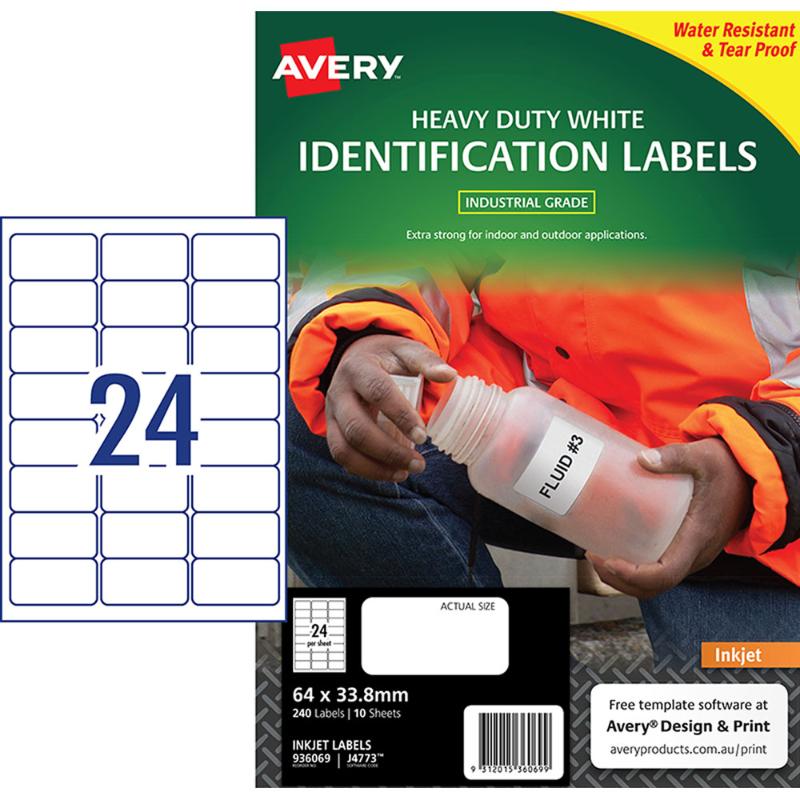 Avery Heavy Duty ID Label J4773 White Inkjet 64x33.8mm 24up 10 Sheets