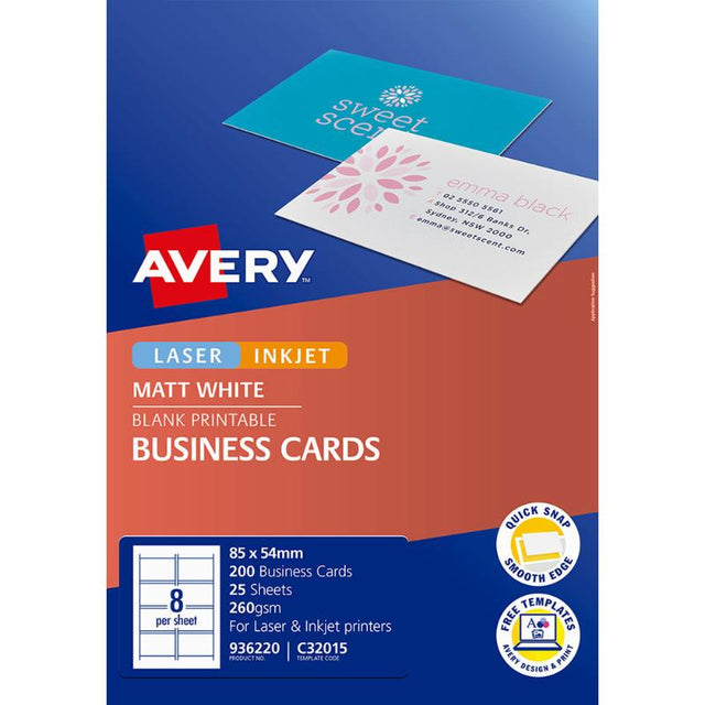 Avery Business Cards Inkjet, 8up on 25 sheets, 200 customizable, double-sided cards made from durable cardboard.