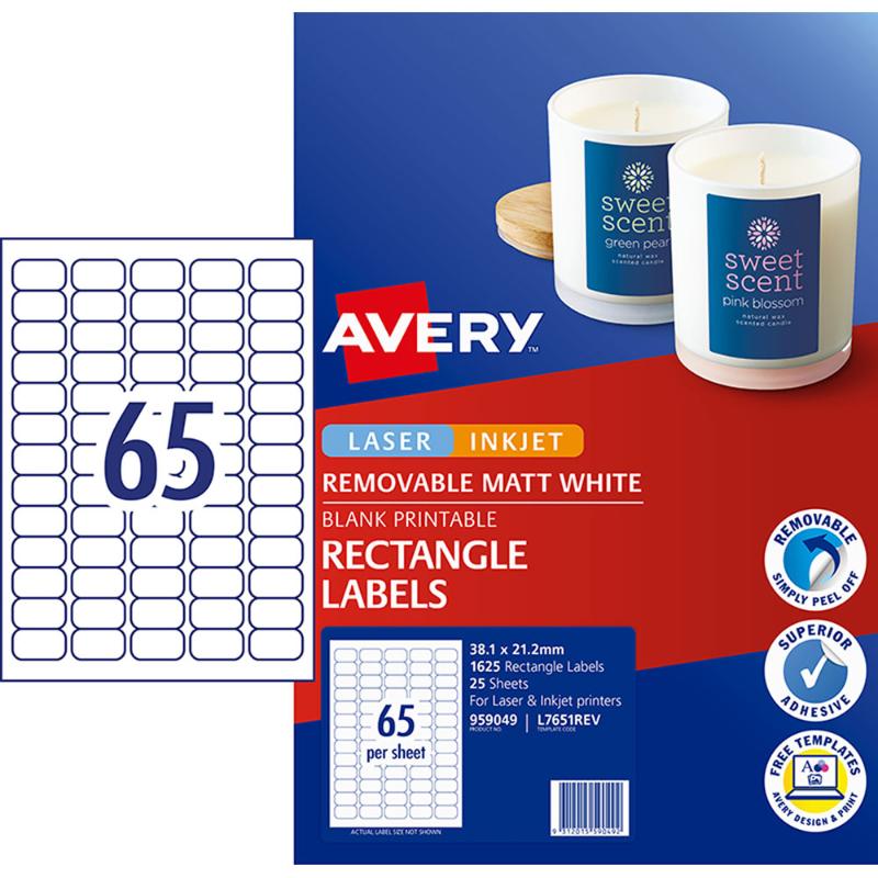 Avery Label L7651 Rev-25 38.1x21.2mm 65up 25 Sheets