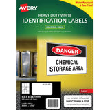 Avery Heavy Duty ID Labels L7060 in white, 63.5x38.1mm, durable, water-resistant, permanent adhesive, 525 labels per pack.