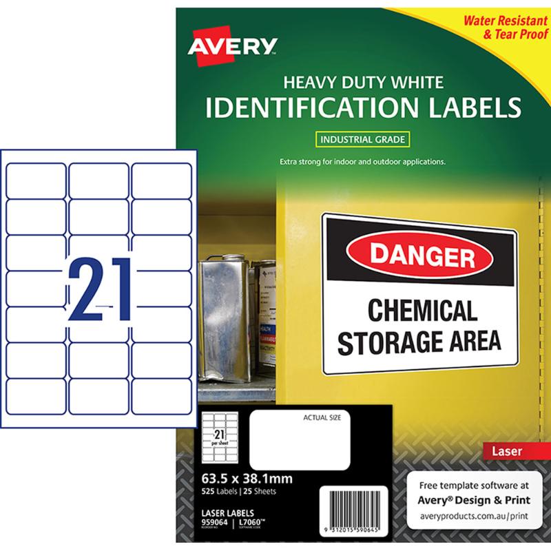 Heavy duty white laser labels by Avery, 63.5x38.1mm, tear-proof, water-resistant, permanent adhesive, ideal for tough labeling.