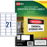 Heavy duty white laser labels by Avery, 63.5x38.1mm, tear-proof, water-resistant, permanent adhesive, ideal for tough labeling.