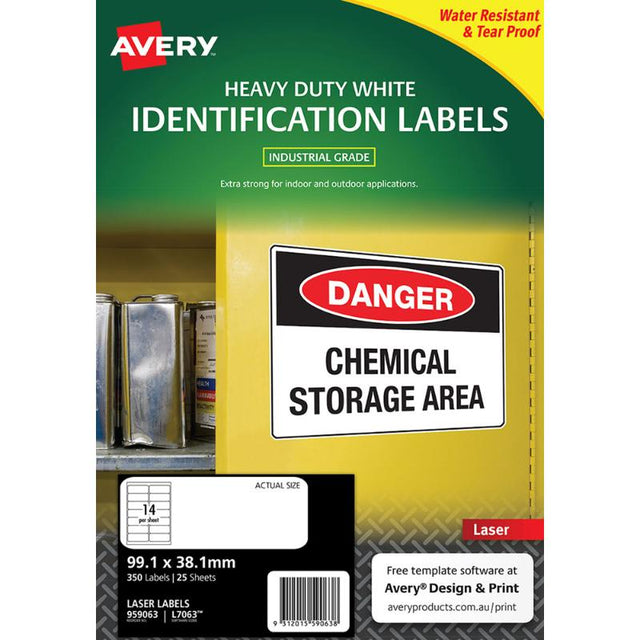 Heavy-duty white laser ID labels, 99.1x38.1mm, waterproof, UV-resistant, ideal for tough applications, 350 total labels.