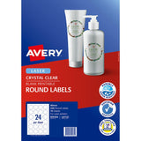 Avery L6112C crystal clear round labels, 40mm, 240 total, perfect for customizable, durable, jam-free printing on laser printers.