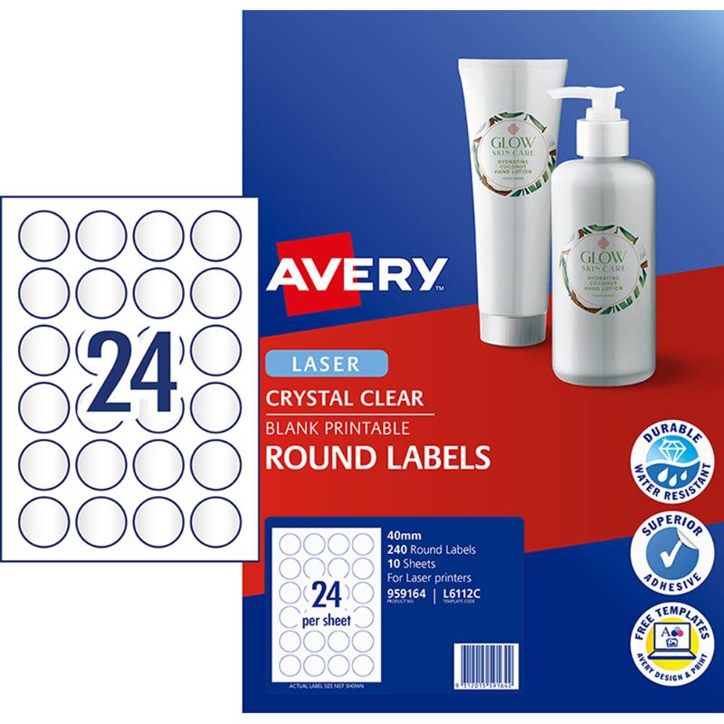 Avery L6112C crystal clear round labels, 40mm, 240 labels on 10 sheets, ideal for customizing with laser printers.