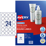 Avery L6112C crystal clear round labels, 40mm, 240 labels on 10 sheets, ideal for customizing with laser printers.