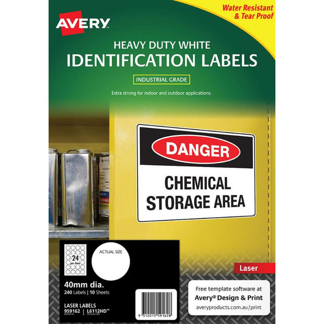 Avery Heavy Duty ID Labels L6112, 40mm white, 240 durable, waterproof, tear-resistant labels for tough identification tasks.