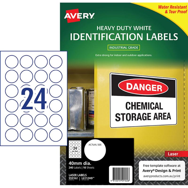 Avery Heavy Duty ID Labels, 40mm white, durable, water and tear-resistant, ideal for asset identification and organization.