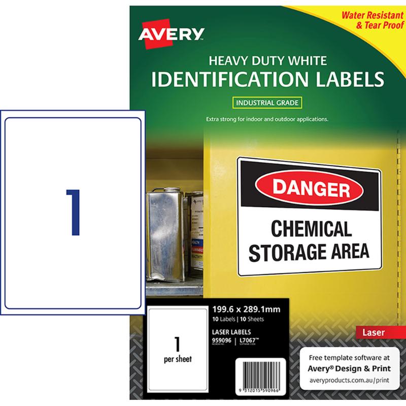 Avery Heavy Duty ID Label L7067 White Laser 199.6x289.1mm 1up 10 Sheets