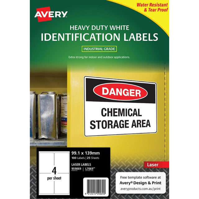 Avery Heavy Duty ID Labels, 99.1x139mm, white polyester, tear-proof, water-resistant, perfect for laser printing and durable labeling.