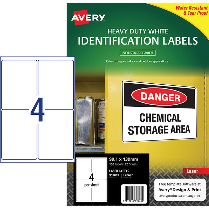 White Avery Heavy Duty ID Labels L7069, 99.1x139mm, durable, tear-proof, water-resistant, ideal for tough labeling applications.