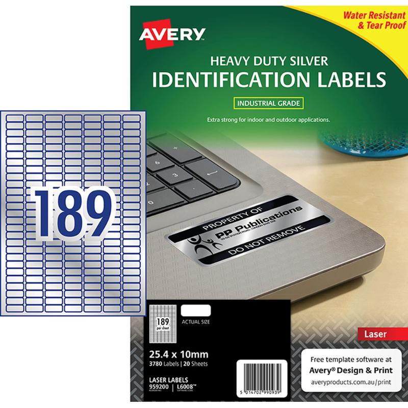 Avery Heavy Duty ID Label L6008 Silver Laser 25.4x10mm 189up 20 Sheets