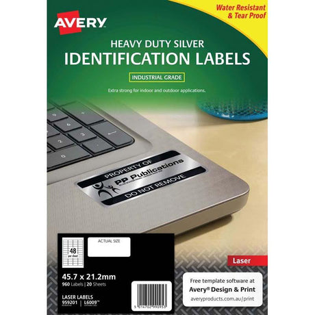 Avery Heavy Duty ID Labels L6009, silver, 47.5x21.2mm, durable, water-resistant, 960 labels in 20 sheets for asset identification.