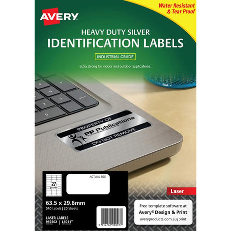 Avery Heavy Duty ID Labels, silver polyester, 63.5x29.6mm, tear-proof, water-resistant, ideal for asset identification and extreme temperatures.